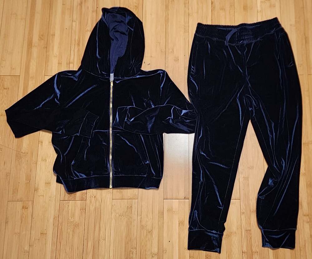 Fabletics Velour Hoodie Jogger Track Set Women M Navy Blue 2 Piece Lounge Casual